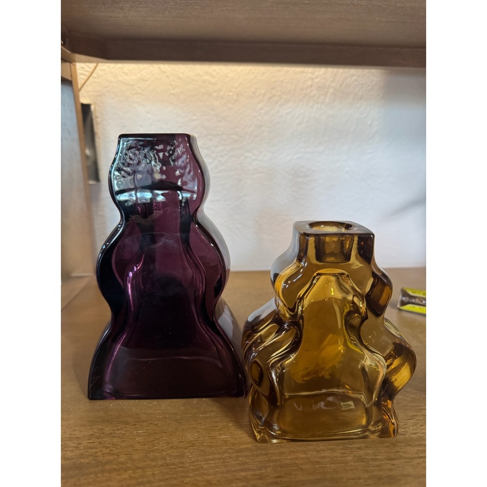 Threshold Large Wavy Taper Candle‎ Holder Set Plum Amber Glass